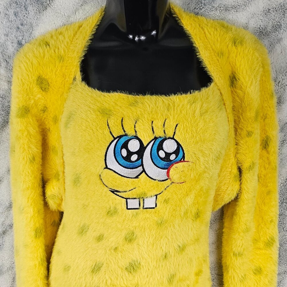 Dolls Kill x SpongeBob Large Fuzzy Knit Embroidered Mini Dress and Shrug - Picture 2 of 7